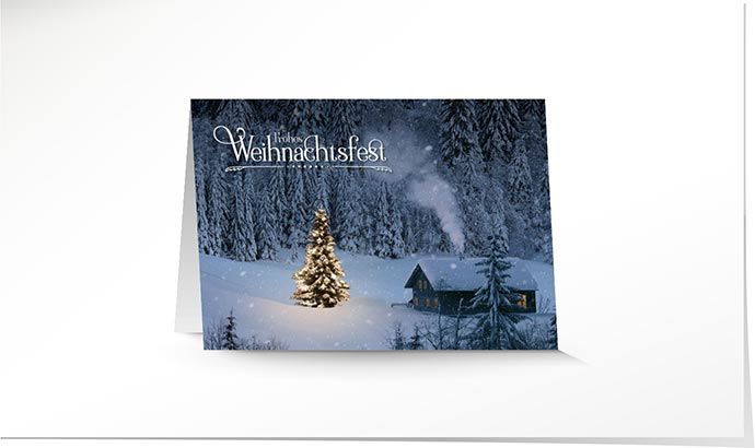 Weihnachtskarte 8932 Hütte mit Weihnachtsbaum